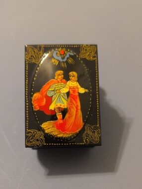 Hand-Painted Black Lacquer Trinket Box with Red and Gold Folk Art
